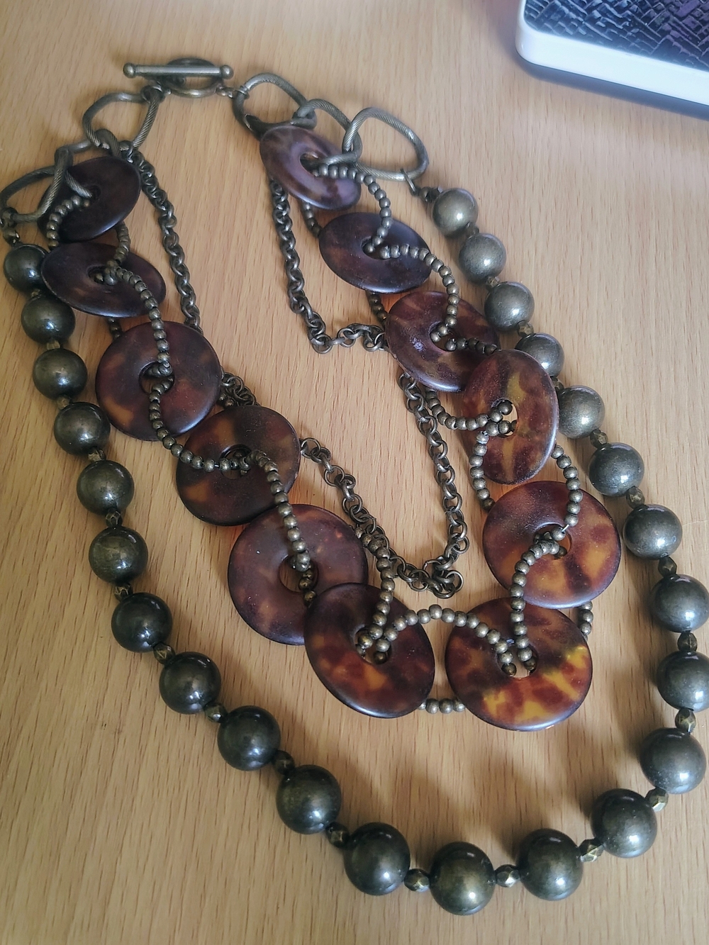 Premier Designs Brown Tortoiseshell and Antique Gold Multi-Strand Necklace